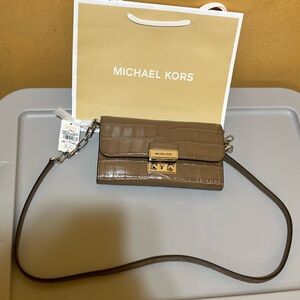 Michael Kors Tribeca wallet on a chain leather embossed driftwood bag